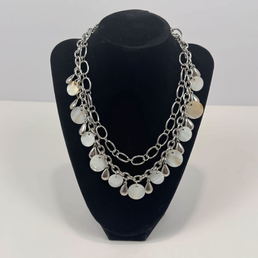 Silver Double Layer Metal Links Stone Pendants Chain Necklace